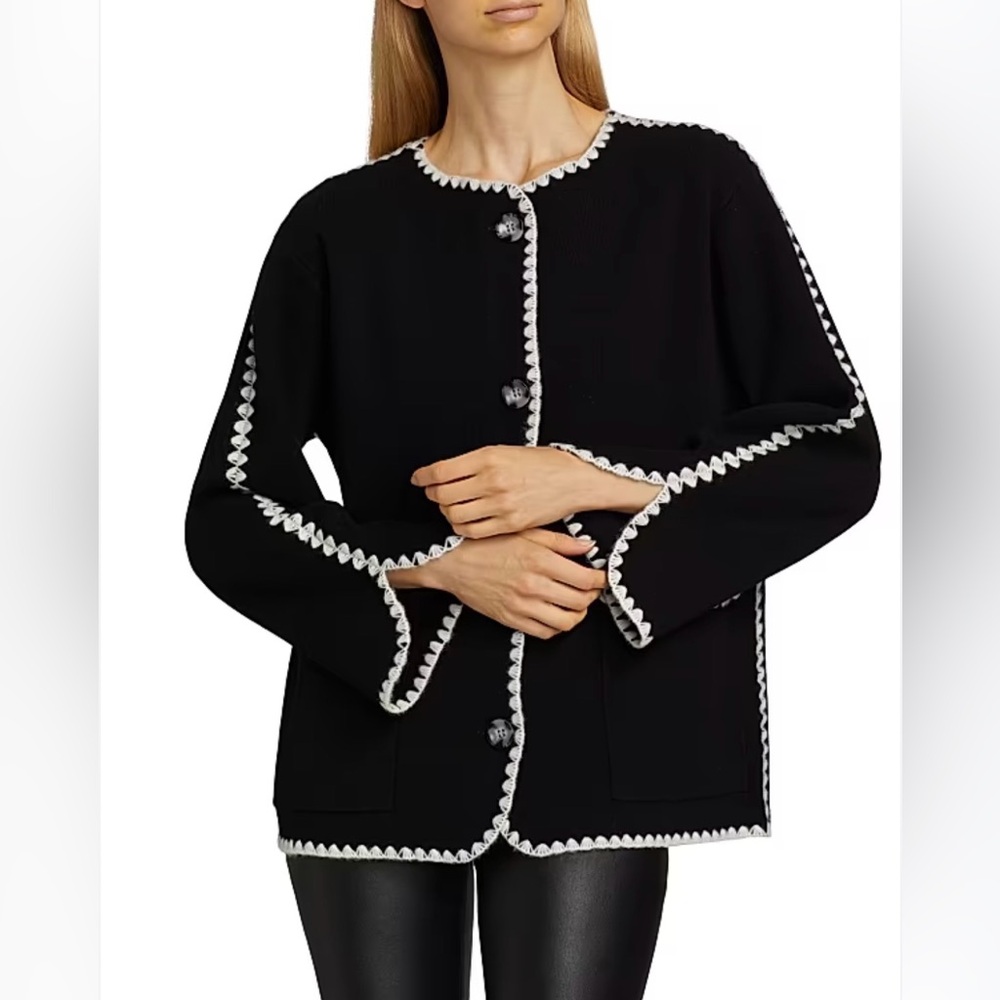 NWT Elie Tahari 100% Cashmere Whipstitch Cardigan Jacket Black Ivory Size L